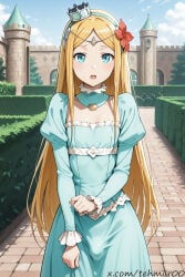 1boy ai_generated aqua_dress bangs blonde_hair blue_dress blue_eyes blue_sky blush building bulge castle cloud crown day dress femboy flower genderswap genderswap_(ftm) hair_flower hair_ornament house juliet_sleeves long_hair long_sleeves looking_at_viewer male maze open_mouth outdoors overlord_(maruyama) puffy_sleeves red_flower renner_theiere_chardelon_ryle_vaiself sky solo tehmar trans_woman transfem trap