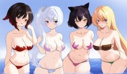 4girls black_hair blake_belladonna blonde_hair blue_eyes gatlas lavender_eyes red_hair ruby_rose rwby silver_eyes weiss_schnee white_hair yang_xiao_long yellow_eyes