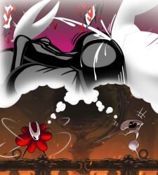 2025 anthro arthropod big_breasts big_butt black_body bodily_fluids breasts butt cloak clothing cum cum_inflation cum_inside dress duo female genital_fluids glistening glistening_body hi_res hollow_knight:_silksong hollow_knight_(franchise) hornet_(hollow_knight) huge_breasts huge_butt inflation inktober_2025 insect intersex intersex/female lace_(hollow_knight:_silksong) laugh melee_weapon mocking red_clothing red_dress reflective_body sex sillyseacreatur small_waist sword team_cherry thought_bubble weapon white_body