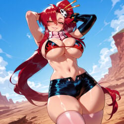 1girl 1girls ai_generated armpits arms_behind_head arms_up asymmetrical_gloves balecxi bikini bikini_top_only biting_own_lip black_gloves black_shorts blue_sky blush breasts cleavage clothing cloud cowboy_shot curvaceous curvaceous_female curvaceous_figure curvy curvy_figure day desert elbow_gloves female female_focus flame_print gloves grin hair_between_eyes hair_ornament hair_stick half-closed_eyes high_ponytail inviting inviting_to_sex large_breasts legwear lips long_hair looking_at_viewer naughty_face navel no_shirt open_fly outdoors parted_lips pink_scarf pink_thighhighs ponytail presenting presenting_ass presenting_breasts presenting_hindquarters presenting_pussy presenting_self red_hair scarf seductive seductive_look seductive_smile shiny_skin short_shorts shorts sidelocks single_elbow_glove skindentation skull_hair_ornament sky smile solo stomach striped_clothes striped_scarf sweat swimsuit tengen_toppa_gurren_lagann thick_thighs thighhighs thighs uncensored underboob very_long_hair voluptuous voluptuous_female wide_hips yellow_eyes yoko_littner