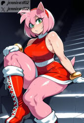1girl ai_generated amy_rose animal_ears artist_name bare_shoulders blush boots bracelet breasts clothing cross-laced_footwear dress female footwear furry furry_female gloves green_eyes hairband headwear hedgehog_ears hedgehog_tail jennieart02 jewelry knee_boots large_breasts looking_at_viewer pantyhose patreon patreon_logo patreon_username pink_fur pink_hair pink_skin red_dress red_footwear red_hairband shoes short_dress short_hair sitting sitting_on_stairs sleeveless solo sonic_the_hedgehog_(series) stairs sweat tail thick_thighs thighs twitter twitter_logo twitter_username watermark web_address white_gloves