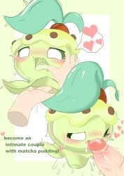 absurd_res ambiguous_fluids aroused bodily_fluids cum cum_in_mouth cum_inside dessert drinking drinking_cum drooling ejaculation embarrassed english_text female feral floating floating_hands food genital_fluids genitals green_body green_eyes heart_(marking) hi_res humanoid_genitalia humanoid_penis looking_down male male/female markings masturbation mouth_shot not_furry one_eye_closed open_mouth oral papyruscafe penis pudding roco_kingdom saliva shaking simple_background slime tears teeth text tongue tongue_out white_eyes