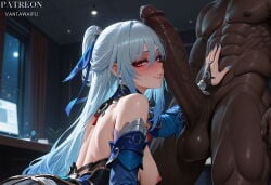 1boy 1girl abs ai_generated artist_name back bangs bare_shoulders blue_hair blue_nails blue_ribbon blue_sleeves blush breasts bridal_gauntlets clothed_female_nude_male clothing dark-skinned_male dark_skin detached_sleeves earrings english_text erection female from_side guns_girlz_(series) hair_between_eyes hand_on_another's_chest hand_on_another's_stomach hetero high_ponytail honkai:_star_rail huge_penis indoors interracial jewelry jingliu_(honkai:_star_rail) large_breasts large_penis light_blue_hair long_hair long_sleeves looking_at_penis looking_at_viewer looking_back male muscular muscular_male nail_polish nipples nude parted_lips patreon_username penis penis_awe penis_grab penis_on_face ponytail precum red_eyes sidelocks smile solo_focus teeth testicles vantawaifu veins veiny_penis very_dark_skin white_hair