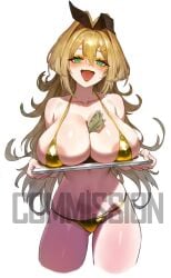 alternate_version_available big_butt big_thighs big_tits big_titties bikini choclo_draws clothing commission curvaceous curvaceous_female curvaceous_figure curvy curvy_figure curvy_hips female female_focus female_only golden_bikini green_eyes long_hair maid money money_in_bra nikke open_mouth rupee_(nikke) yellow_hair