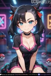 1girls abs ai ai_art ai_generated animal_ears black_dress black_hair blue_eyes blush body body_focus bokeh breasts cat_ears choker cinematic_lighting cleavage curvy curvy_figure depth_of_field detailed_clothes detailed_face detailed_hair dmf_wonders dramatic_lighting eyelashes glossy_skin hair_bow hair_highlights highres hip_focus huge_breasts large_breasts long_eyelashes looking_at_viewer makeup marnie marnie_(pokemon) medium_breasts navel neon_lights oiled_skin parted_lips patreon patreon_logo patreon_username pink_trim pokeball pokemon_gym pokemon_swsh realistic_skin red_bow rim_lighting shiny_hair shiny_skin short_dress sitting skin_reflection skin_tight slim_waist smile smooth_skin sneakers soft_lighting sparkles specular_highlights three_quarter_view tight_clothes toned_body twintails twitter_username volumetric_lighting voluptuous wet_skin wide_hips x_username