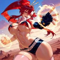 1girl 1girls ai_generated ass_visible_through_thighs asymmetrical_gloves balecxi bare_shoulders belt bikini bikini_top_only black_gloves black_shorts blue_sky breasts cleavage clothing cloud curvaceous curvaceous_female curvaceous_figure curvy curvy_figure desert elbow_gloves female female_focus fingerless_gloves flame_print gloves gradient_sky hair_ornament hair_stick inviting inviting_to_sex large_breasts legwear long_hair looking_at_viewer navel no_shirt open_mouth outdoors pink_thighhighs ponytail presenting presenting_ass presenting_breasts presenting_hindquarters presenting_pussy presenting_self red_hair scarf seductive seductive_look seductive_smile short_shorts shorts sidelocks single_elbow_glove single_glove skindentation skull_hair_ornament sky smile solo stomach studded_belt swimsuit teeth tengen_toppa_gurren_lagann thick_thighs thighhighs thighs underboob uneven_gloves voluptuous voluptuous_female yellow_eyes yoko_littner