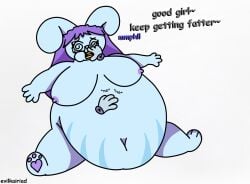 2026 anthro artist_name belly belly_overhang belly_rub big_belly big_breasts blue_body blue_fur breasts burger dialogue disembodied_hand english_text eyewear female food force_feeding forced fur glasses good_girl hair hi_res immobile kairi_(kairitehbunni) kairitehbunni lagomorph leporid long_hair mammal navel nipples obese overweight pawpads purple_hair purple_nipples rabbit shaded simple_background simple_shading sitting solo spiral spiral_eyes stretch_marks text toony trans_(lore) trans_woman_(lore) weight_gain