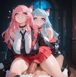 absurdres ai_art ai_generated animal_ear_fluff artist:konekofuta assertive_female bare_shoulders belt black_choker black_collar black_footwear black_jacket black_necktie blush bra breasts cat_girl character:koneko collarbone collared_shirt erection fangs futanari grin hallway jacket kneeling loafers long_sleeves looking_at_viewer makeup miniskirt naughty_face night off_shoulder on_back open_clothes open_jacket open_mouth parted_lips penis pink_skirt pleated_skirt pov pov_crotch red_skirt see-through shirt shoes skirt sleeveless sleeveless_shirt smile socks straddling thick_thighs thighs twitching_penis wet_shirt white_shirt x_hair_ornament