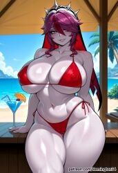 1girl 1girls ai_generated ass bangs beach big_ass big_breasts bikini bimbo blush cameltoe cocktail contrapposto curvaceous_female curvaceous_figure curvy curvy_body erect_nipples_under_clothes fat_ass female female_focus flirting flirting_with_viewer genshin_impact hair_between_eyes hair_over_one_eye horny hot_day huge_breasts inviting_to_sex large_ass large_breasts looking_at_viewer mature_female mihoyo milf mommy multicolored_hair ocean outdoors pale_skin palms posing presenting presenting_self purple_hair red_bikini red_hair remington34 rosaria_(genshin_impact) seductive_look short_hair smile streaked_hair tan_lines thicc_thighs tiki_bar veil wet wet_hair white_pupils wide_hips
