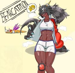 1boy 1boy1girl 1girls abs animal_hands animal_mask bear_hand bearcatmon bra breasts dark-skinned_female dark_skin defeated defeated_hero digimon digimon_(species) digimon_adventure dinosaur exhausted female female_focus jacket jacket_open knee_cap kneecaps large_breasts metalgreymon muscular muscular_female muscular_thighs open_jacket shiny_skin shorts sports_bra sweat sweating sweaty sweaty_body swimsuit thick thick_thighs thighhighs thighs tired tomboy white_shorts