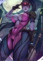 1girl activision amelie_lacroix big_breasts black_gloves black_hair blizzard_entertainment breasts center_opening clothing_cutout colored_skin commentary elbow_gloves english_commentary full_moon gloves gun holding holding_gun holding_weapon kachima large_breasts leotard long_hair looking_at_viewer moon outdoors overwatch parted_lips ponytail purple_leotard purple_skin solo weapon widowmaker_(overwatch)