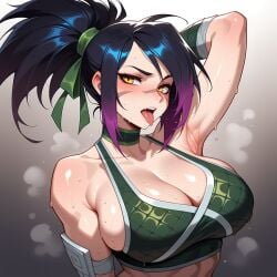 1girl ai_generated arm_behind_head arm_up armpits bandages bare_shoulders black_hair blush breasts choker cleavage clothing collarbone fang fangs female gradient_background gradient_hair green_ribbon grey_background hair_ribbon large_breasts long_hair looking_at_viewer lunaart multicolored_hair open_mouth patreon_username ponytail purple_hair ribbon scar scar_on_face scar_on_nose shiny_skin solo steaming_body sweat teeth tongue tongue_out upper_body upper_teeth_only yellow_eyes