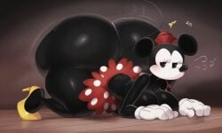 23afterhours ai_generated all_fours anthro_female black_body disney furry_female hand_covering_breasts hot hyper_ass large_breasts looking_at_viewer minnie_mouse mouse_ears mouse_girl mouse_humanoid red_hat shaking_ass shaking_butt white_gloves yellow_high_heels
