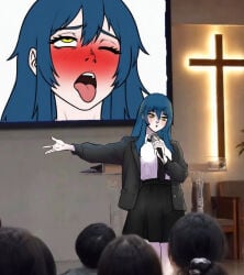1girl, ahegao, anime_style bangs, black_jacket, black_skirt, blue_hair, blush, church, indoors, jacket, long_hair, martin141413 open_mouth, pleated_skirt, rolling_eyes, skirt, suit, sweat, tongue_out, white_shirt, yellow_eyes,