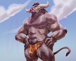 accessory anthro arm_hair bara beard bovid bulge bull chest_hair cloud ear_piercing earrings fangs fur hair hairy hairy_male happy_trail horn male_only minotaur monster_prom morty_(monster_prom) muscular muscular_male nipples outside pecs purple_hair solo speedo tail thong yellow_eyes yellow_thong zeiroslion