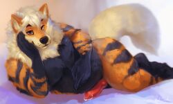 5:3 5_fingers animal_genitalia animal_penis anthro arcanine belly black_body black_eyebrows black_fur black_nose black_pawpads blonde_hair bodily_fluids brown_eyes canine_genitalia canine_penis erection eyebrows fingers fur generation_1_pokemon genital_fluids genitals hair head_on_hand hi_res kinsheph knot knotted_penis looking_at_viewer lying male markings nintendo nude on_side orange_body orange_fur pawpads penis pokemon pokemon_(species) precum red_penis slightly_chubby snout solo striped_markings stripes