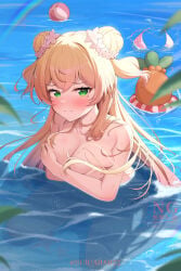 1girls artist_request big_breasts blonde_hair boobs breasts buns cleavage covered_nipples covering covering_breasts embarrassed embarrassed_female embarrassed_nude_female enf female hololive hololive_japan large_breasts long_hair looking_at_viewer momosuzu_nene solo swimming topless topless_female virtual_youtuber vtuber water