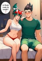 1boy 1girl ai_generated bare_shoulders bed bedroom black_hair blush bow breasts brown_eyes bulge cleavage clothing collarbone crop_top english_text erection erection_under_clothes facial_mark feet_out_of_frame female fox_mask green_hair green_shirt green_shorts hair_between_eyes hair_bow half_mask hand_on_another's_shoulder hetero indoors kiriko_(overwatch) large_breasts looking_at_another male mask midriff mizuki_(overwatch) navel on_bed overwatch panties patreon_username ponytail red_panties shirt short_hair short_ponytail short_sleeves shorts sitting smile speech_bubble spiked_hair sports_bra stomach sweatdrop t-shirt tank_top taut_shirt thighs topknot underwear white_bow white_sports_bra white_tank_top