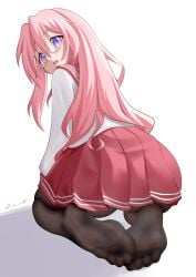 clothed feet foot_fetish glasses j.c.14 looking_at_viewer looking_back lucky_star miyuki_takara pink_hair round_glasses sailor_collar sailor_uniform skirt soles stockings