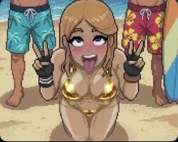 ahe_gao beach big_ass big_breasts bikini female ginger gold_bikini orange_hair pixel_art tagme tongue tongue_out