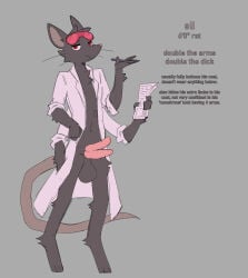 2_penises 4_arms anthro balls bottomless bottomless_male clothed clothing coat digitigrade diphallism english_text eyewear funkyfluxed genitals glasses hand_in_pocket hi_res lab_coat looking_at_viewer male mammal multi_arm multi_genitalia multi_limb multi_penis murid murine paper pencil_(object) penis pockets rat rodent simple_background solo standing text topwear vertical_diphallism