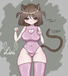:< blush brown_eyes brown_hair catgirl female large_breasts latex leotard nekomimi original original_character solo tagme_(artist) tail thighhighs tummy_bulge