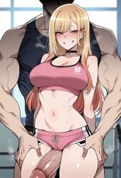 1boy 1girl ai_generated bangs bare_shoulders between_thighs black_choker blonde_hair blush breasts choker cleavage clothing dolphin_shorts ear_piercing earrings erection faceless female grin heavy_breathing hetero huge_penis jewelry kitagawa_marin large_breasts large_penis long_hair looking_at_viewer male marin_kitagawa micro_shorts midriff multicolored_hair muscle muscular muscular_male navel nyanclaire penis piercing pink_shorts pink_sports_bra red_eyes short_shorts shorts smile sono_bisque_doll_wa_koi_wo_suru sports_bra standing stomach sweat tank_top thigh_grab thigh_sex thighs underwear veins veiny_arms veiny_penis