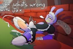 2025 abdominal_bulge anthro arched_back balls blush bodily_fluids breath brick brick_wall clenched_teeth clothing creamedpufff cum cum_from_ass cum_in_ass cum_inside cumshot dialogue drooling ejaculation english_text eye_roll genital_fluids genitals glitch_productions gloves grass handwear jax_(tadc) lagomorph legwear leporid maid_headdress maid_uniform male mammal motion_lines orgasm outside penis plant profanity purple_balls purple_body purple_penis rabbit red_penis saliva shaking solo teeth text the_amazing_digital_circus thigh_highs uniform wall_(structure) white_clothing white_gloves white_handwear white_legwear white_thigh_highs