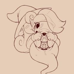 1:1 2024 blush blush_lines blush_stickers bodily_fluids clitoral clothing cold-blooded-twilight duo female gaping gaping_vagina genital_fluids genitals ghost_tail goomba goombella hair hat headgear headwear hi_res legless long_hair looking_at_viewer looking_back low-angle_view mario_bros monochrome nintendo paper_mario ponytail shadow_siren spread_vulva spreading trans_(lore) trans_woman_(lore) vaginal_fluids vivian_(mario) vulva witch_hat