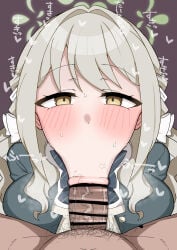 1boy 1boy1girl 1girls :>= artist_request blowjob blowjob_face blue_archive breasts censored fellatio grey_hair halo looking_at_viewer miyo_(blue_archive) tagme yellow_eyes