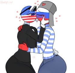 countryhumans countryhumans_girl kak0yt0_chel lesbian lesbian_kiss russia_(countryhumans) squished_breasts tongue tounge_kissing tounge_out united_states_of_america_(countryhumans)