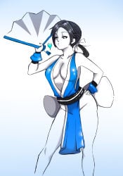 1girl alternate_color alternate_costume bare_hips bare_shoulders big_breasts black_hair breasts cleavage colored_skin commentary cosplay crop_top erodrunky fatal_fury folding_fan gradient_background hair_ribbon hand_fan hand_on_own_hip highres holding japanese_clothes king_of_fighters large_breasts long_hair looking_at_viewer mai_shiranui mai_shiranui_(cosplay) nintendo no_bra no_panties o3o pelvic_curtain ponytail puckered_lips revealing_clothes ribbon sash shiranui_mai shiranui_mai_(cosplay) sideboob simple_background snk solo standing the_king_of_fighters white_skin wii_fit wii_fit_trainer wii_fit_trainer_(female)