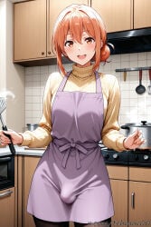 1boy :d ai_generated apron bangs black_pantyhose blush bulge cooking cowboy_shot femboy genderswap genderswap_(ftm) hair_between_eyes hair_bun holding indoors kitchen long_sleeves looking_at_viewer male my_teen_romantic_comedy_snafu open_mouth orange_eyes orange_hair pantyhose pot sidelocks single_hair_bun smile solo standing sweater tehmar trans_woman transfem trap turtleneck turtleneck_sweater yahari_ore_no_seishun_lovecome_wa_machigatteiru. yellow_sweater yuigahama_yui's_mother