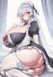 ai_generated ass bare_shoulders cinderella_(nikke) cleavage frills garter_belt goddess_of_victory:_nikke huge_ass huge_breasts long_hair looking_at_viewer maid maid_headdress maid_uniform narrow_waist red_eyes stockings thick thick_ass thick_thighs twintails wavy_hair white_hair white_stockings wide_hips