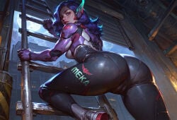 1girls ai_generated ass blue_eyes bodysuit breasts cameltoe d.mon from_behind from_below ladder large_breasts lips long_hair looking_at_viewer looking_back medium_breasts moon night nose overwatch parted_lips philon purple_hair shiny_clothes skin_tight sky solo stable_diffusion thighs weapon