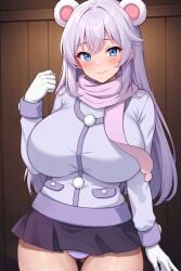 1girls ai_assisted ai_generated bear_ears bear_girl big_breasts blue_eyes dressed flats_(shoes) gloves jacket kemonomimi lavender_hair lavender_panties looking_at_viewer neva neva_(pandaclip) neva_(pandaclip:_the_black_thief) pale_skin pandaclip pandaclip:_the_black_thief pantyshot pantyshot_(standing) polar_bear_ears polar_bear_girl purple_skirt short_skirt smile standing stockings tight_clothing tiny_skirt upskirt white_gloves white_stockings wooden_room