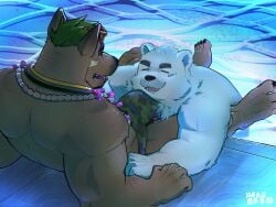 4:3 anthro back_muscles balls barely_visible_balls barely_visible_genitalia bear big_bulge biped brown_body brown_fur bulge canid canine canis domestic_dog duo eyebrows eyewear face_on_bulge fur genitals green_hair hair hi_res imminent_sex jewelry male male/male male_anthro mammal muscular necklace overweight paul_the_polar_bear polar_bear pubes pupils saeng slit_pupils sunglasses swimming swimming_pool thick_eyebrows ursine water white_body white_fur xxl_woofia yuebanjiuri
