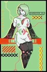 binary_code breasts clothing crop_top cybernetic_arm cybernetic_limb cybernetics cyberpunk cyborg female gardevoir generation_3_pokemon genitals green_and_red green_body green_hair hair hi_res horn humanoid imjustcami machine midriff multicolored_body nintendo nipples pokemon pokemon_(species) shirt solo tattoo topwear underwear vulva whiz_(g4rdeoir_01)_(nickzilla) x_symbol