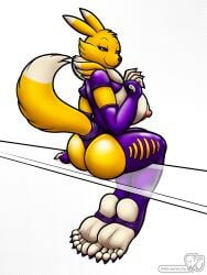 5_toes absurd_res anthro areola armwear ass bandai_namco big_breasts black_sclera blue_eyes breasts canid canine clothing digimon digimon_(species) digital_media_(artwork) feet female fingers fur glass half-closed_eyes hi_res humanoid_feet legwear mammal narrowed_eyes nipples plantigrade renamon simple_background sitting smile soles solo stirrup_legwear stirrup_stockings stockings tail toes wu_capy