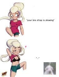 1girl black_bra blonde_female blonde_hair bra bra_strap bra_strap_is_showing_(meme) brawl_stars breasts charlie_(brawl_stars) gadby55 green_shorts waos