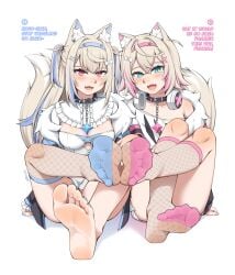 2girls :3 animal_ears aqua_eyes asymmetrical_legwear belt_collar blue_legwear blush cleavage clothed collar english_text eye_contact fangs feet female female_only fishnets foot_fetish foot_focus fur-trimmed_jacket fuwawa_abyssgard hair_accessory hairband hairclip hololive hololive_english hololive_english_-advent- kemonomimi knees legs light-skinned_female light_skin long_hair looking_at_viewer lululewd mococo_abyssgard multicolored_hair nail_polish off_shoulder open_mouth open_smile pink_eyes pink_legwear sexually_suggestive short_twintails siblings sisters sitting smile soles spiked_collar tagme tail talking_to_viewer text toenail_polish toes touching_feet virtual_youtuber white_background