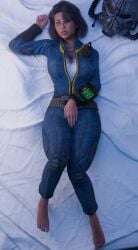 1girls barefoot cantykiwi covering_crotch dakimakura_pose fallout fallout_(series) fallout_3 feet female female_focus female_only fully_clothed lone_wanderer on_bed vault_dweller vault_girl vault_suit