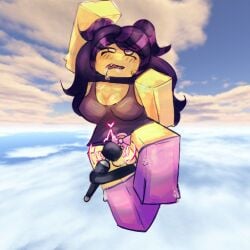 big_breasts chastity_cage magenta_thighhighs no_ai purple_hair roblox roblox_avatar roblox_background tank_top vibrator white_eyes yellow_body