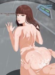 1boy 1girls alternate_version_available armored_trooper_votoms ass_focus brown_eyes brown_hair cum cum_inside cum_on_body english_text fiana hime_cut huge_ass lipstick naked schaft_hot_legs sex sex_from_behind shower wet wet_body
