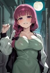 1girl ai_generated bangs black_bow blunt_bangs blush bocchi_the_rock! bow braid breasts cleavage clenched_teeth covered_nipples dress full_moon green_dress hair_bow hiroi_kikuri iduniar jacket large_breasts long_hair long_sleeves looking_at_viewer moon night open_clothes open_jacket outdoors pink_hair purple_eyes solo sweat teeth