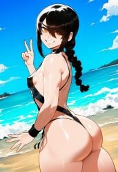 aged_up ai_generated ass ass_focus beach beach_background bikini black_bikini black_hair chainsaw_man nayuta_(chainsaw_man) shortstack sling_bikini slingshot_swimsuit solo solo_female solo_focus white_skin