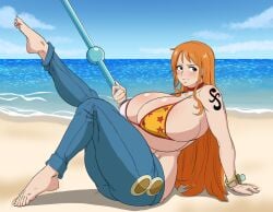 1girls barefoot beach big_breasts bikini_top blue_sky blush breasts breasts_bigger_than_head brown_eyes color_edit colored holding_object jeans large_breasts legs_up light-skinned_female light_skin lurking_judgement nami_(one_piece) ocean one_piece orange_hair sand self_upload sitting skindentation smile staff supersolenoid tattoo tight_clothing water