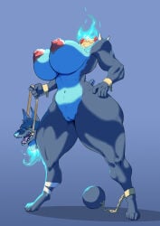 2026 anthro ball_and_chain big_breasts blue_background breasts canid canine canis colored_fire countershading cuff_(restraint) detachable detachable_head dinoturista dullahan european_mythology female fire flaming_neck genitals grey_body hand_on_hip headless hi_res holding_head holding_own_head huge_breasts irish_mythology koko-rada mammal modular mythology nipples nude open_mouth pink_fire restraints shackled_ankles shackles simple_background solo vulva white_body white_countershading wolf wrist_cuffs
