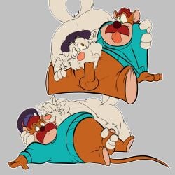 1:1 anthro balls butt chip_'n_dale_rescue_rangers clothing disney domestic_cat duo erection facial_hair felid feline felis fur genitals green_eyes handjob hi_res joesanchez lying male male/male mammal monterey_jack_(cdrr) mustache oral overweight overweight_male penile penis sex simple_background sitting sweater topwear white_body white_fur