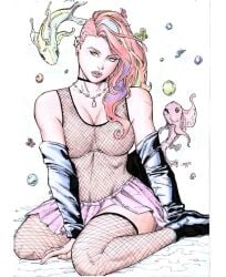 1girls asymmetrical_hair big_breasts breasts delirium_of_the_endless female fishnets laerte mesh_shirt solo the_sandman traditional_media_(artwork) vertigo_comics